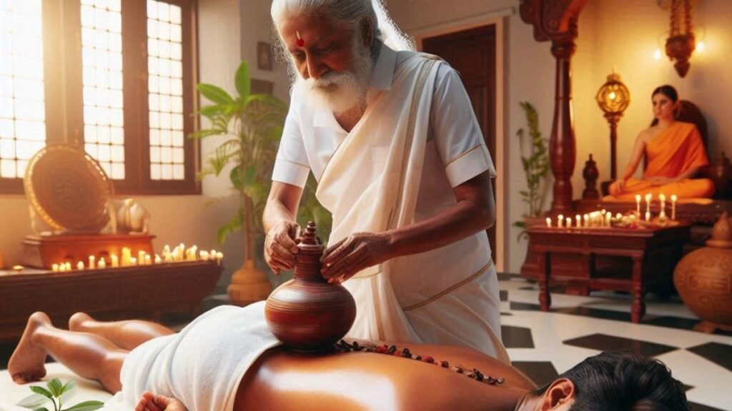 An ayurvedic practitioner taking care of his patient