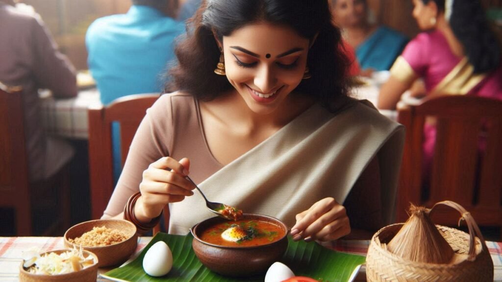 A Malayalam girl enjoying her food on a banana leaf