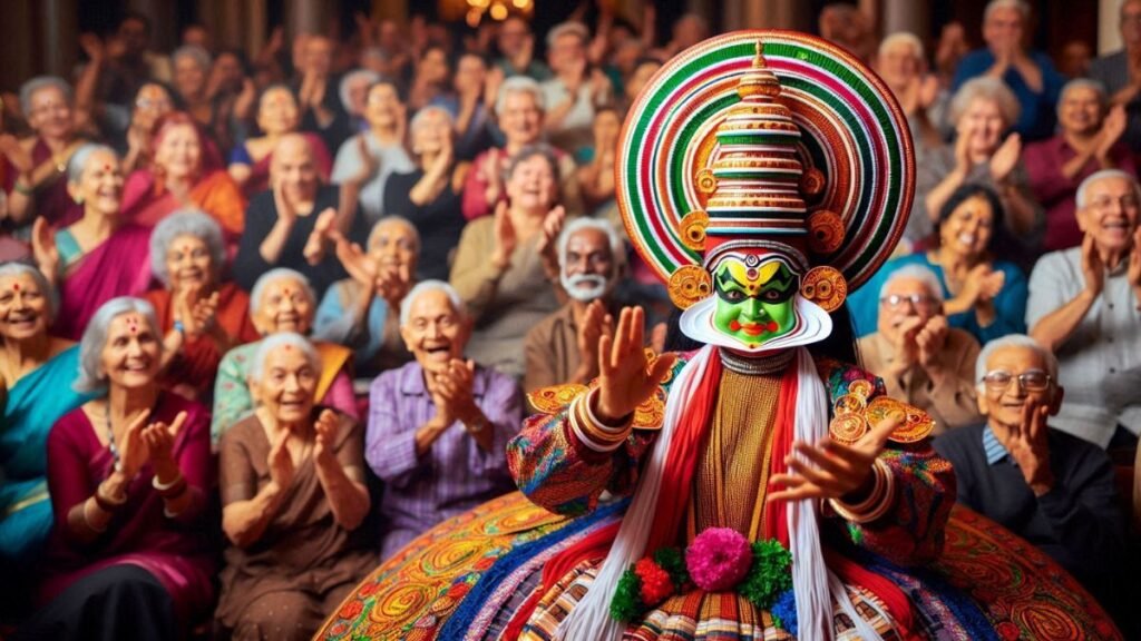 A Kathakali dancer being applauded for his performance by the crowd