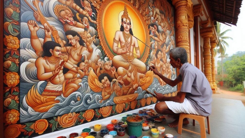 An old man creating a traditional mural paintings on Hindu deity