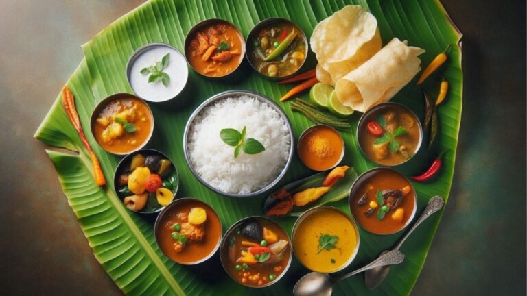 A vegetarian meal being served on a banana leaf in Pure veg restaurant