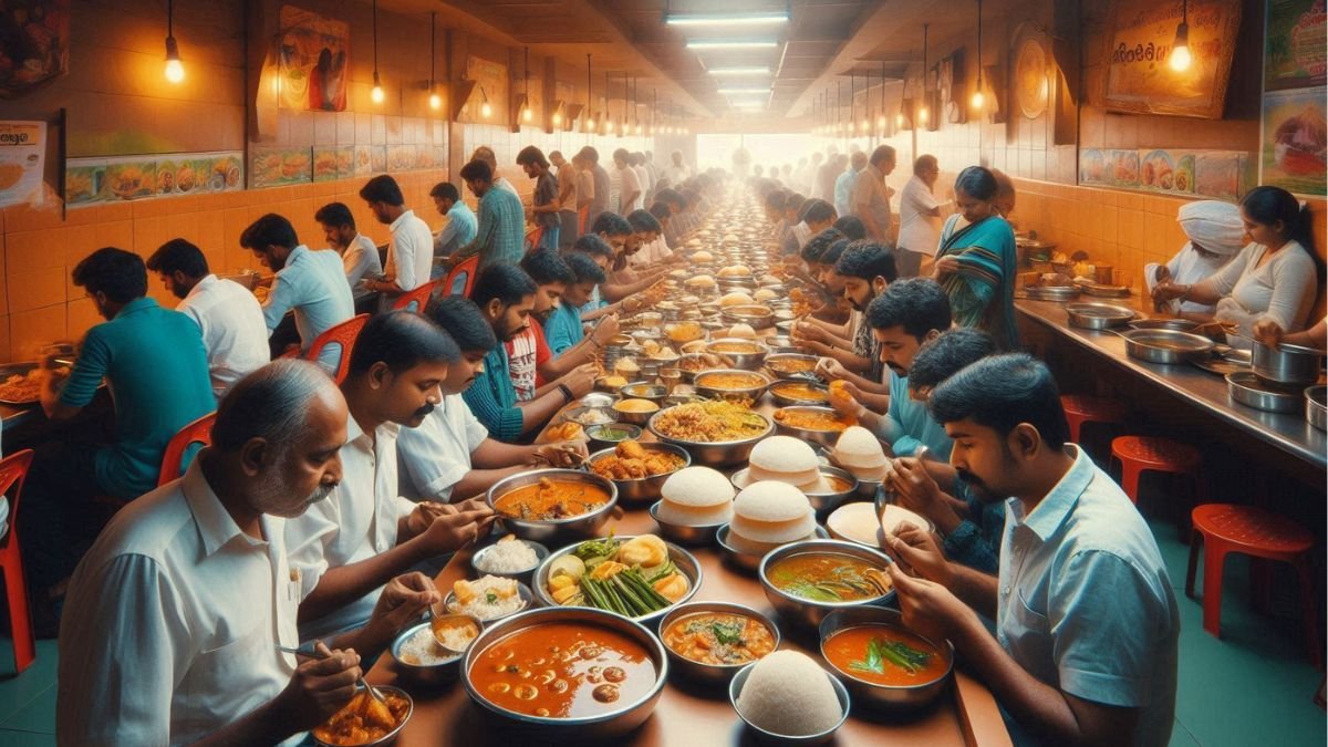 A group of people eating Puttu and Kadala curry in a busy restaurant located in Kerala