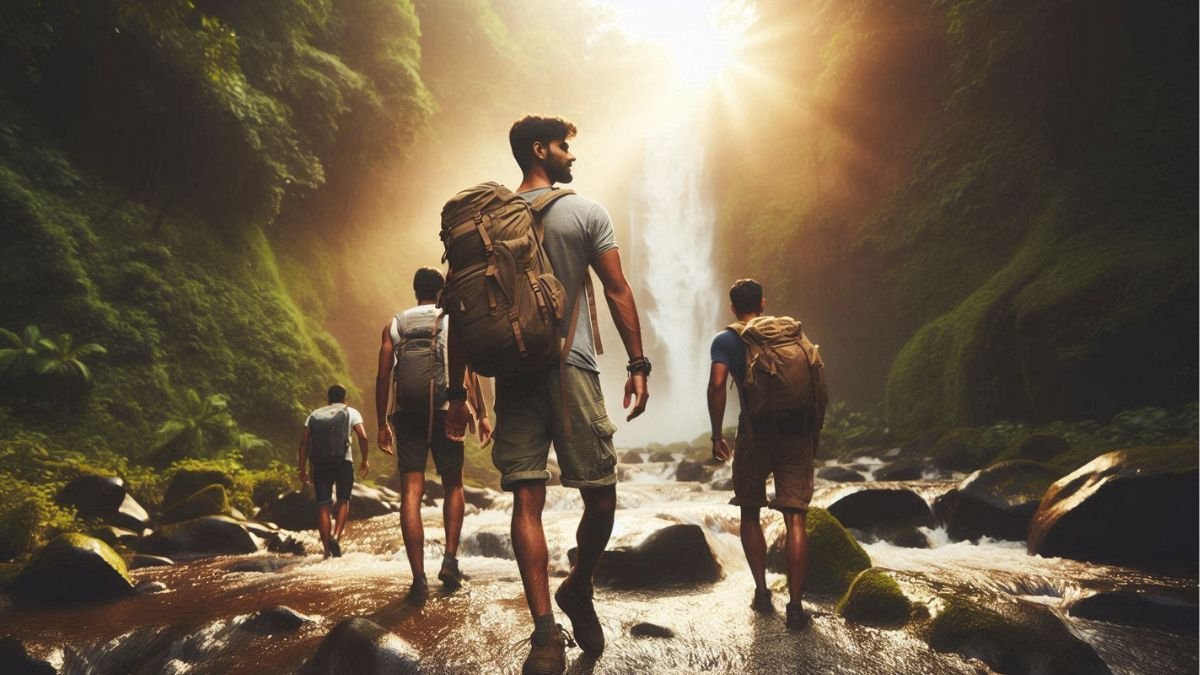 A group of young adults heading towards the Satrem Waterfall