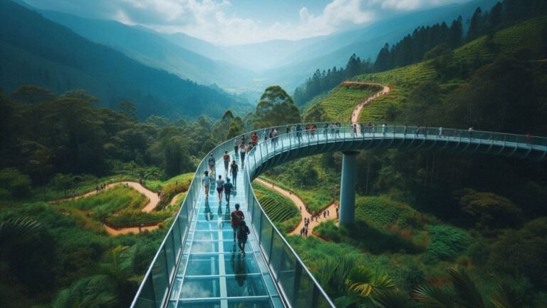 Vagamon glass bridge in which people are seen walking on a transparent glass bridge