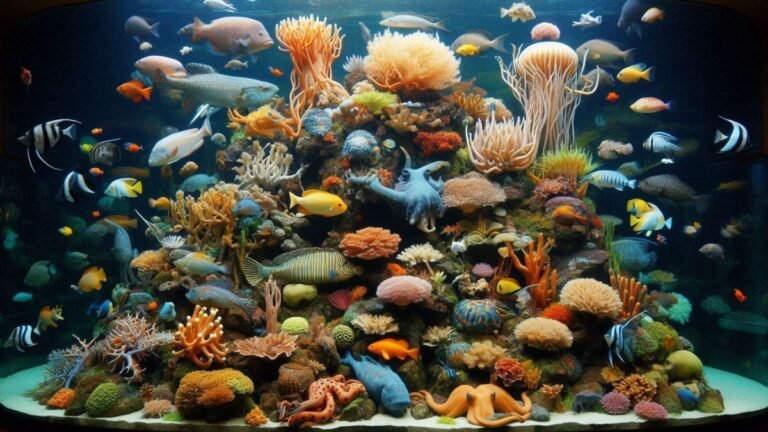 a group of unique and exotic fishes swimming inside the Varkala Aquarium in Kerala