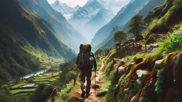 Best trekking places in Uttarakhand - a trekker walking towards the Himalayan range