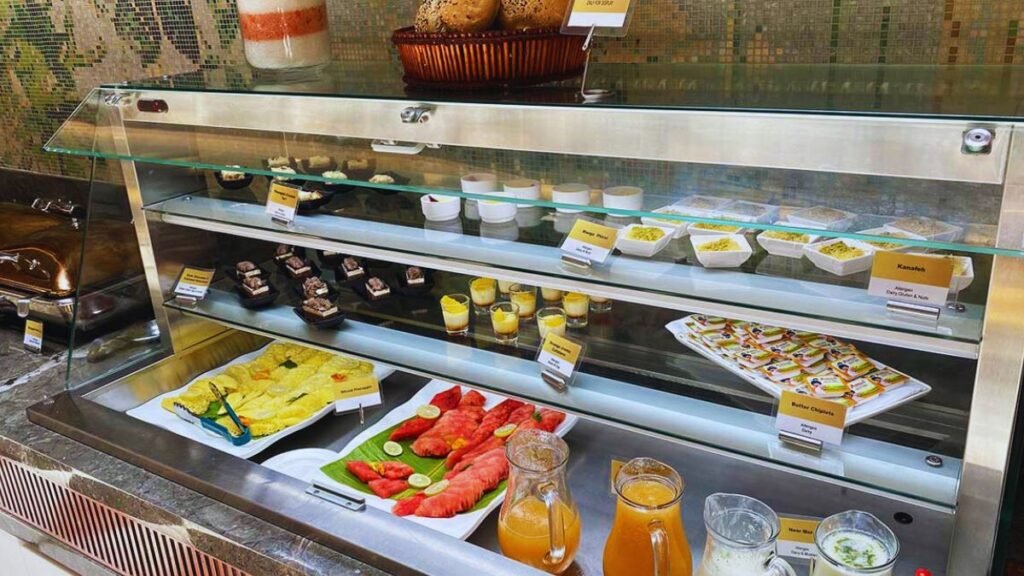 Food and desserts at a display for guests to choose from