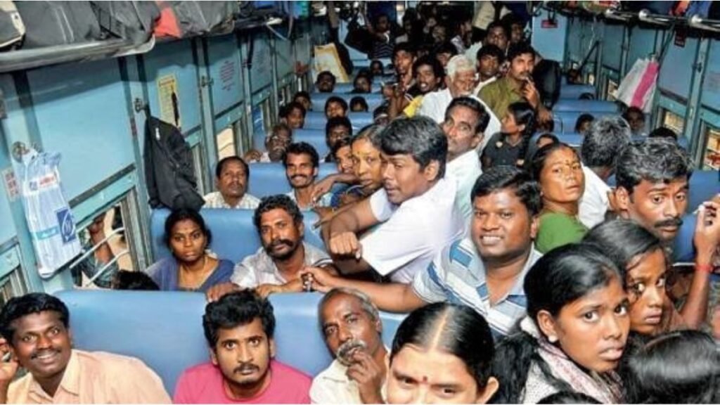 unreserved with crowded people and travelers pushing each other in the train