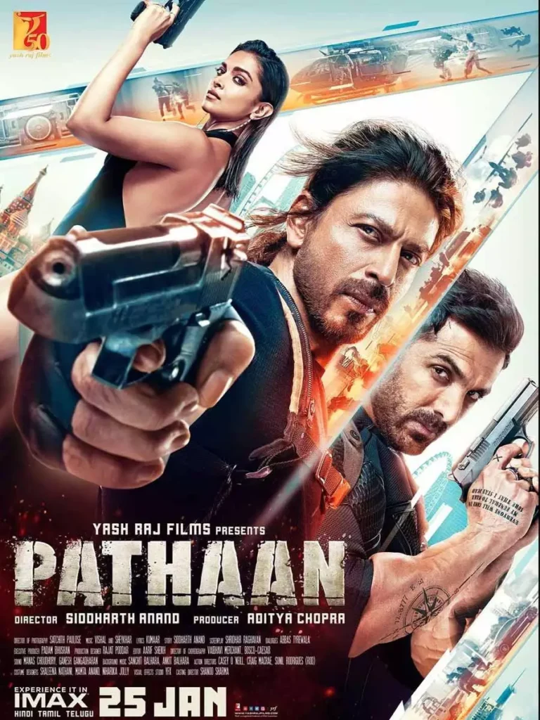 Pathaan movie poster with Shah Rukh Khan, Deepika Padukone and John Abraham