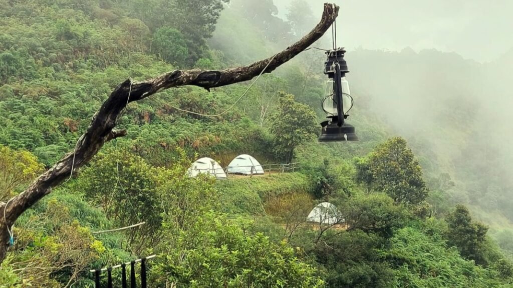 A view of the tents of the cloud Farm from a distance