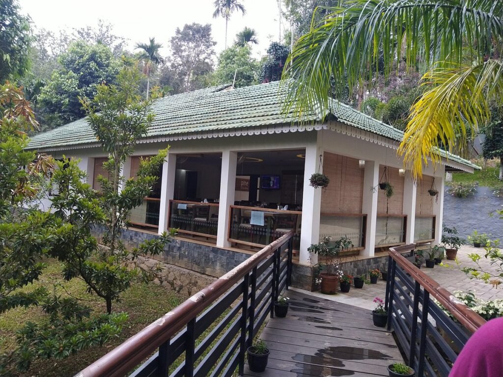 Exterior of the Woods restaurant surrounded with plenty of green lush plantations